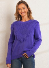 Round Neck Solid Tassel Long Sleeve Sweater
