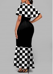 Short Sleeve Round Neck Checkerboard Pattern Mermaid Dress