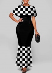 Short Sleeve Round Neck Checkerboard Pattern Mermaid Dress