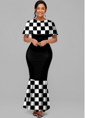 Short Sleeve Round Neck Checkerboard Pattern Mermaid Dress
