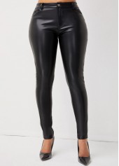 Button Detail Skinny Solid Leather Pants