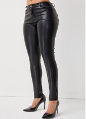 Button Detail Skinny Solid Leather Pants