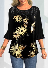 Floral Print Three Quarters Sleeve Round Neck T Shirt