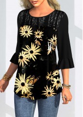 Floral Print Three Quarters Sleeve Round Neck T Shirt