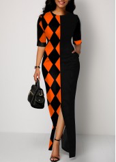 Front Slit Hem Round Neck Geometric Print Dress