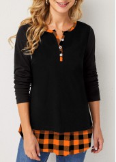 Split Neck Plaid Decorative Button T Shirt