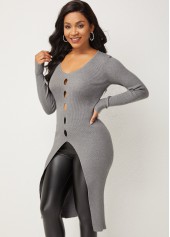 Long Sleeve Front Slit Cutout Design Sweater