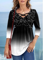 Ombre Sequin 3/4 Sleeve Cross Strap T Shirt