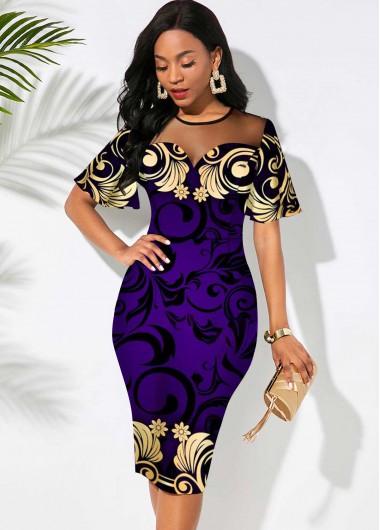 Rosewe Wedding Guest Dress Mesh Stitching Floral Print Round Neck Dress - M