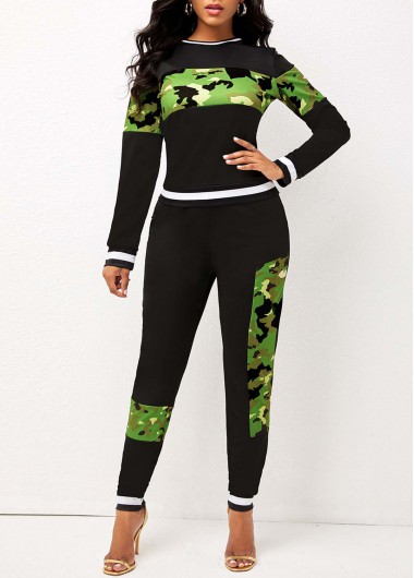 Rosewe Contrast Camouflage Print Long Sleeve Sweatsuit Set - L