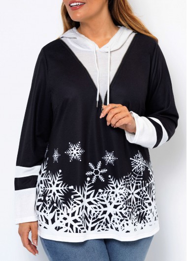 Rosewe Plus Size Christmas Snowflake Print Black Hoodie - 1X