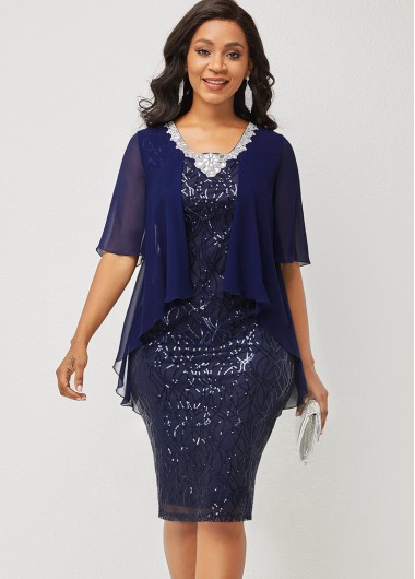 Rosewe Cocktail Party Dress Half Sleeve Sequin Rhinestone Detail Dress - S