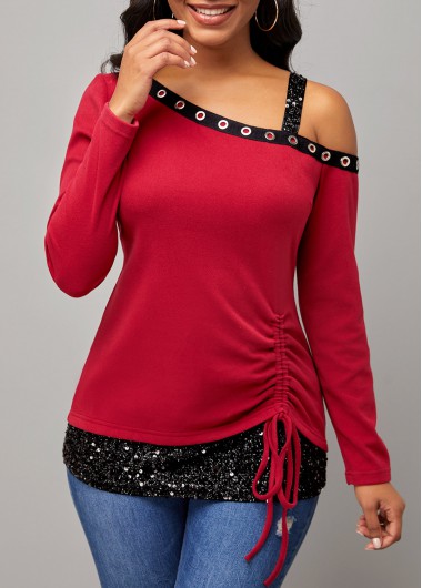 Rosewe Sequin Skew Neck Drawstring Long Sleeve Sweatshirt - S