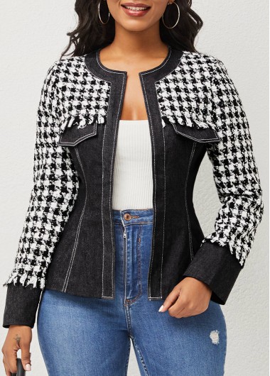 Rosewe Stylish Open Front Houndstooth Print Denim Panel Blazer - M