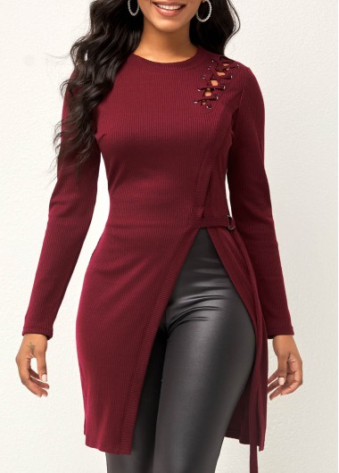 Rosewe Trendy Wine Red Hollow Out Round Neck Long Sleeve Sweater - M