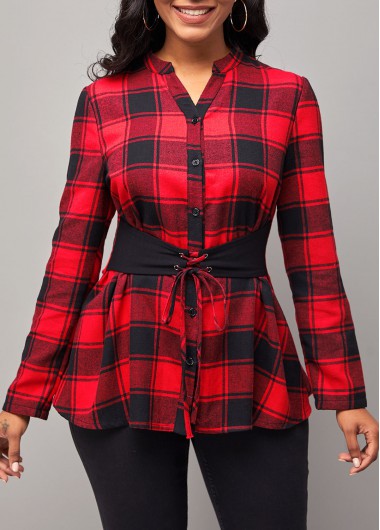 Rosewe Plaid Lace Up Long Sleeve Split Neck Blouse - S