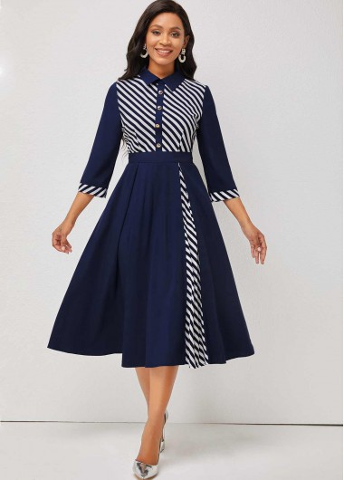 Rosewe Cocktail Party Dress Stripe Print Decorative Button 3/4 Sleeve Turndown Collar Dress - XL