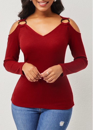 Rosewe Solid Cold Shoulder Long Sleeve V Neck T Shirt - M