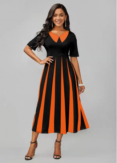 Halloween Rosewe Women Color Block Flat Collar Short Sleeve A Line Midi Casual Dress Black And Orange Striped High Waisted Work Dress - XL