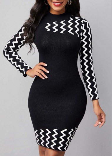 Rosewe Black Dresses Black Chevron Print Mock Neck Sweater Dress - XL