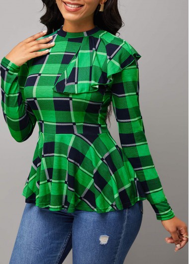 Rosewe Green Flounce Plaid Long Sleeve Blouse - XL