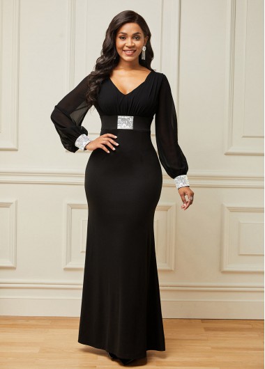 Rosewe Black Dresses High Waisted Long Sleeve V Neck Dress - S