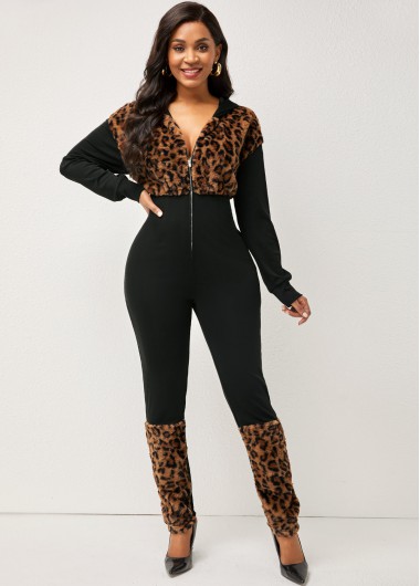 Rosewe Leopard Zipper Long Sleeve Hooded Collar Jumpsuit - M