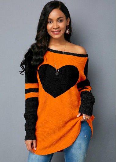 Halloween Rosewe Women Color Block Long Sleeve Heart Design Sweater Longline Asymetric Hem Skew Neck Tunic Casual Jumper - M