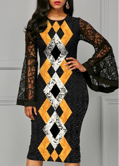 Rosewe Black Dresses Lace Patchwork Round Neck Geometric Print Dress - S