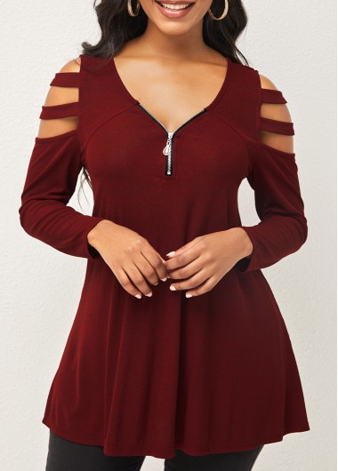 Rosewe Long Sleeve Quarter Zip Ladder Cutout T Shirt - M