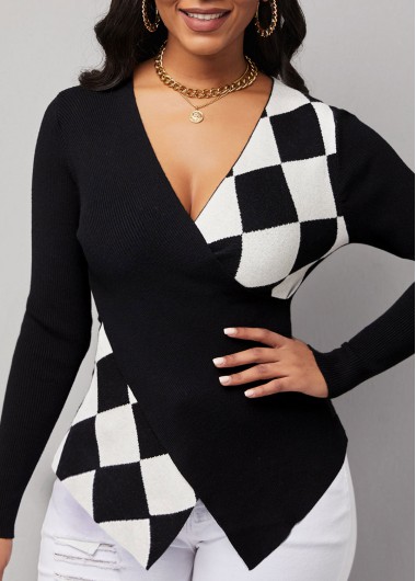 Rosewe Trendy Long Sleeve Checkered Print V Neck Sweater - S