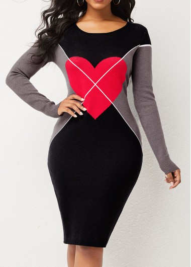 Rosewe Black Dresses Heart Print Long Sleeve Black Sweater Dress - M