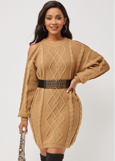 Rosewe Cocktail Party Dress Cable Knit Cold Shoulder Light Khaki Sweater Dress - XL