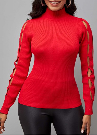 Rosewe Trendy Red Long Sleeve Hollow Turtleneck Sweater - M
