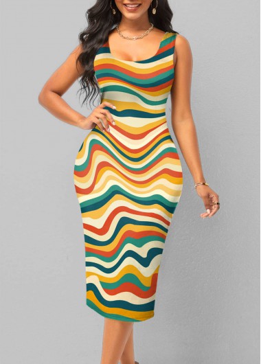 Rosewe Cocktail Party Dress Rainbow Stripe Wide Strap Sheath Dress - L
