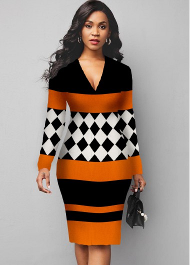 Rosewe Cocktail Party Dress V Neck Plaid Long Sleeve Sweater Dress - S