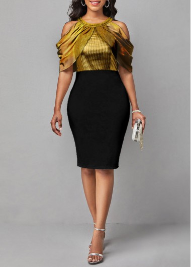 Rosewe Cocktail Party Dress Cold Shoulder Bib Neck Half Sleeve Dress - XL