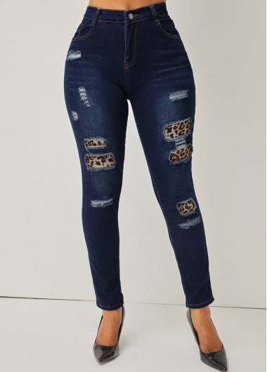 Rosewe Skinny Shredded Leopard High Waist Jeans - L