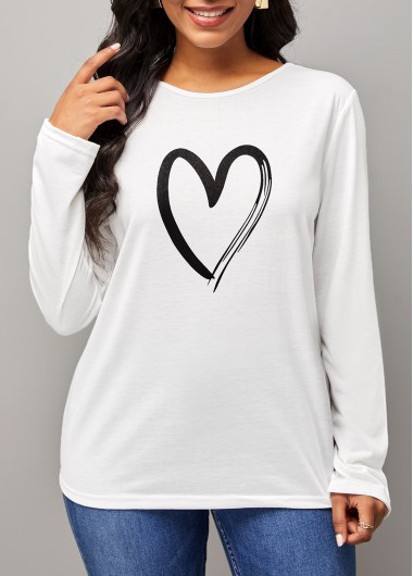 Rosewe Long Sleeve Heart Print Round Neck T Shirt - 2XL