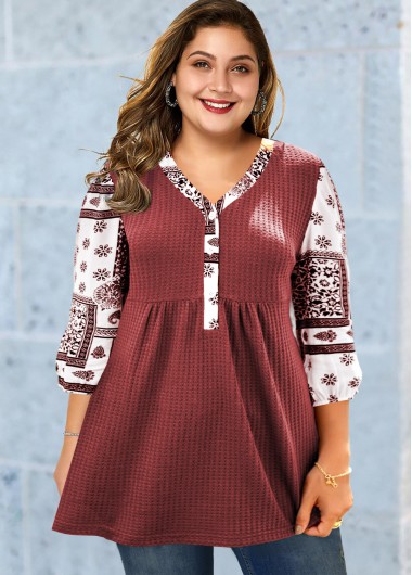 Rosewe Plus Size Tribal Print 3/4 Sleeve Tunic Top - 1X
