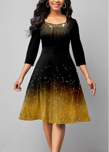 Rosewe Cocktail Party Dress Embellished Neck 3/4 Sleeve Ombre Print Dress - S