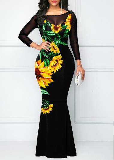 Rosewe Cocktail Party Dress Mesh Stitching Sunflower Print Bowknot Dress - S