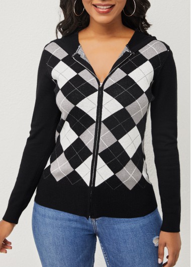 Rosewe Zipper Closure Checkered Print Hooded Collar Cardigan - S