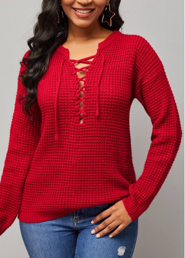 Rosewe Trendy Lace Up Long Sleeve Solid Sweater - S
