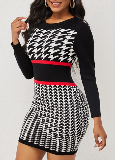 Rosewe Cocktail Party Dress Round Neck Houndstooth Print Long Sleeve Sweater Dress - S