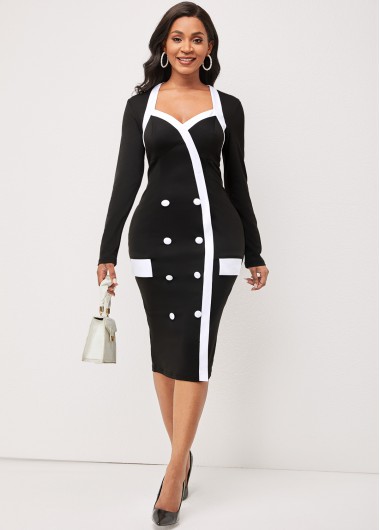 Rosewe Black Dresses Black Long Sleeve Sweetheart Neckline Dress - M