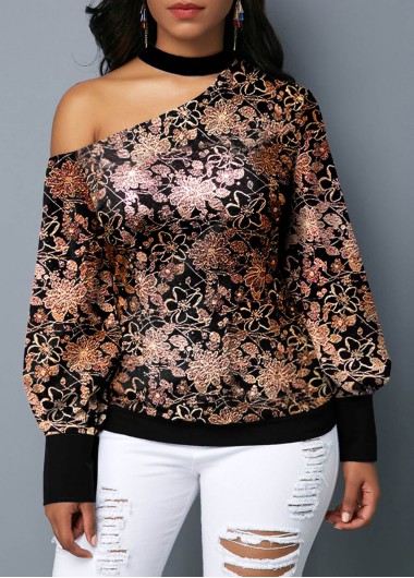 Rosewe Hot Stamping Cold Shoulder Long Sleeve Sweatshirt - XL