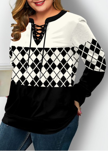 Rosewe Plaid Lace Up Plus Size Sweatshirt - 1X