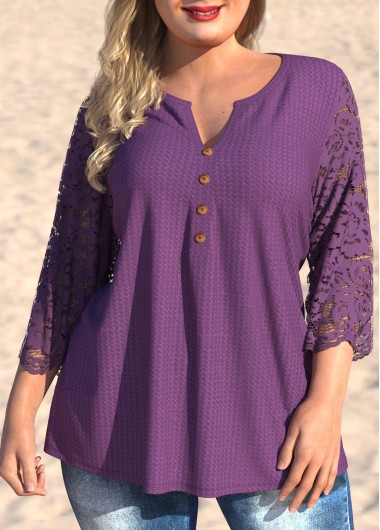 Rosewe 3/4 Sleeve Lace Stitching Split Neck Plus Size Blouse - 1X