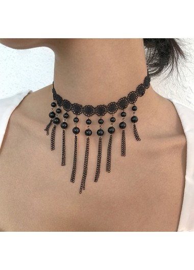 Rosewe Fashion Lace Stitching Imitation Crystal Black Necklace - One Size